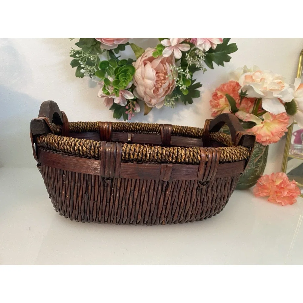 Vintage Chinese Woven Willow Basket With Wood Handles 12